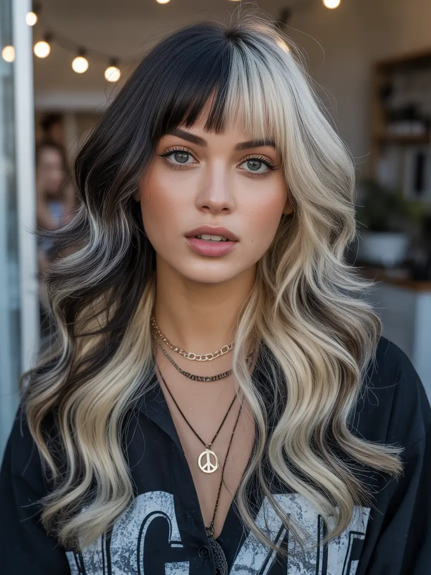 spring hair color for brown skin Split-Tone Blonde And Charcoal With Fringe