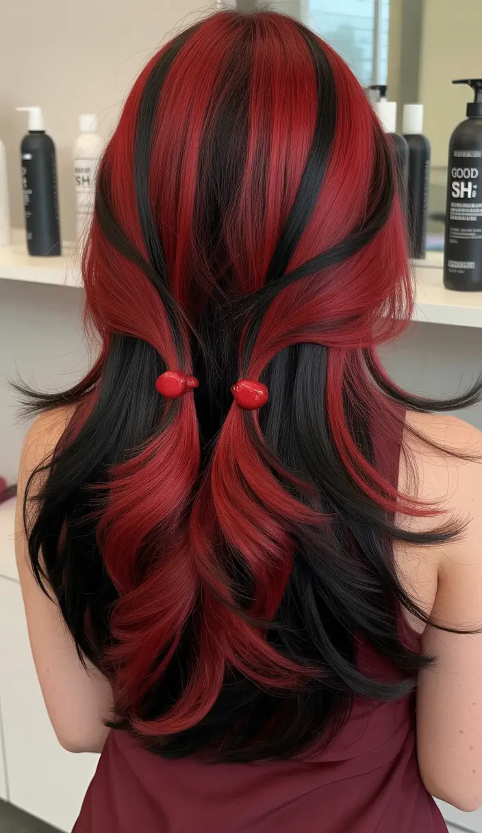 spring hair color for brown skin Red Wine And Black Ribbon Waves