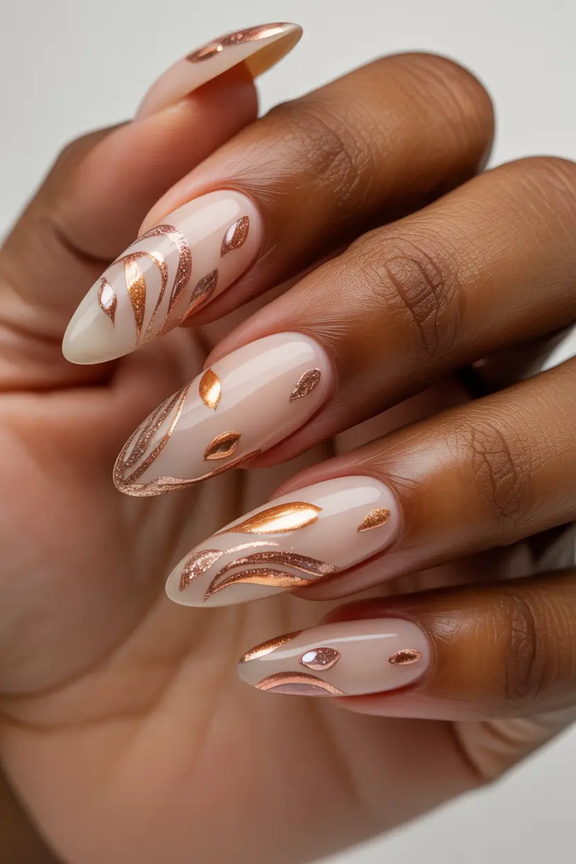 spring nails acrylic Golden Leaf Abstract Nails for Soft Artistic Spring