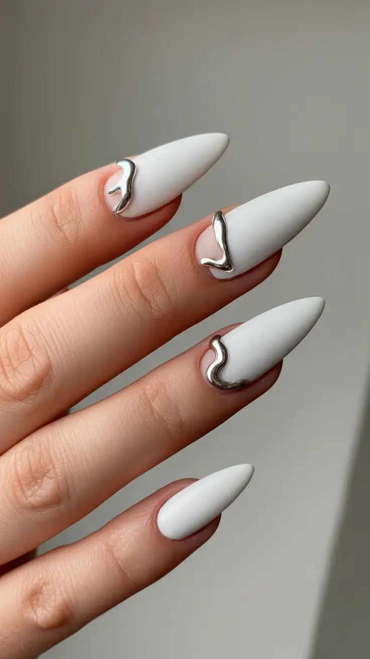 spring nails acrylic Minimal White Sculpted Nails with Modern Metallic Detail