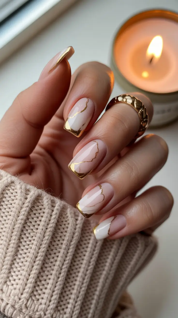 spring nails acrylic Soft Marble French for Cozy Early Spring Days