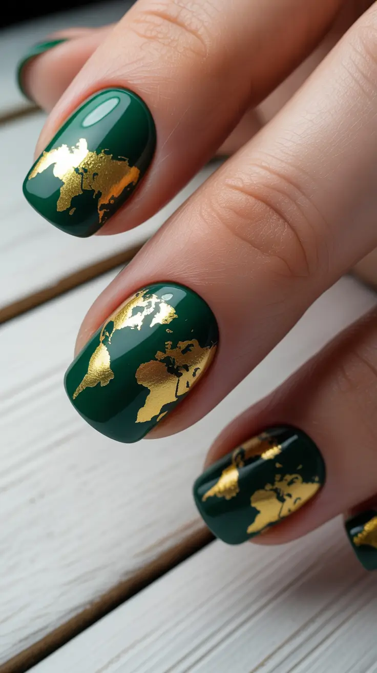 spring nails acrylic Deep Emerald Glam Nails with Gold Accent Art