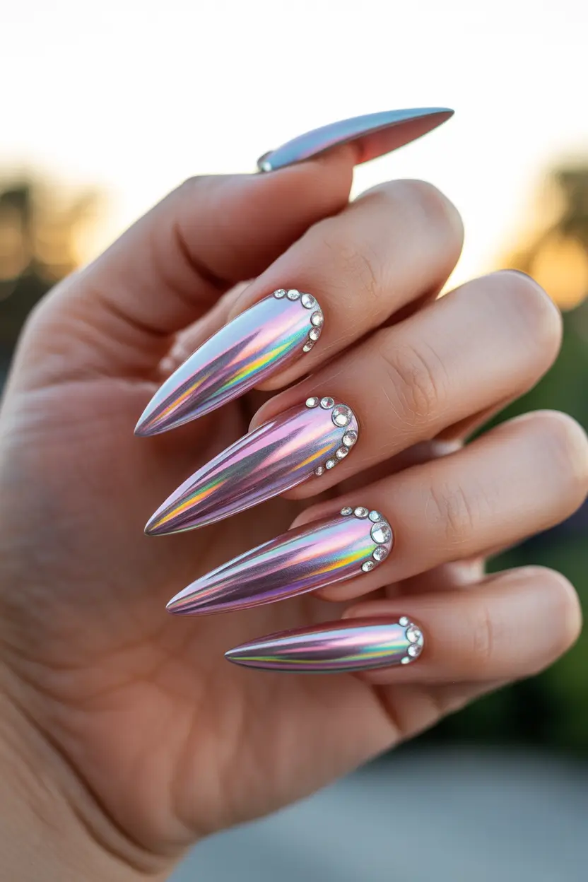 spring nails acrylic Iridescent Chrome Stiletto Nails for Futuristic Spring Glam