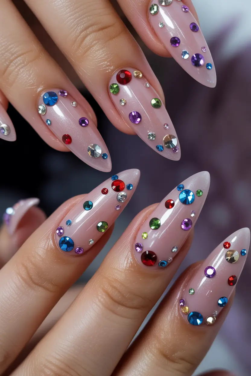spring nails acrylic Colorful Crystal Accent Nails for Playful Spring Expression
