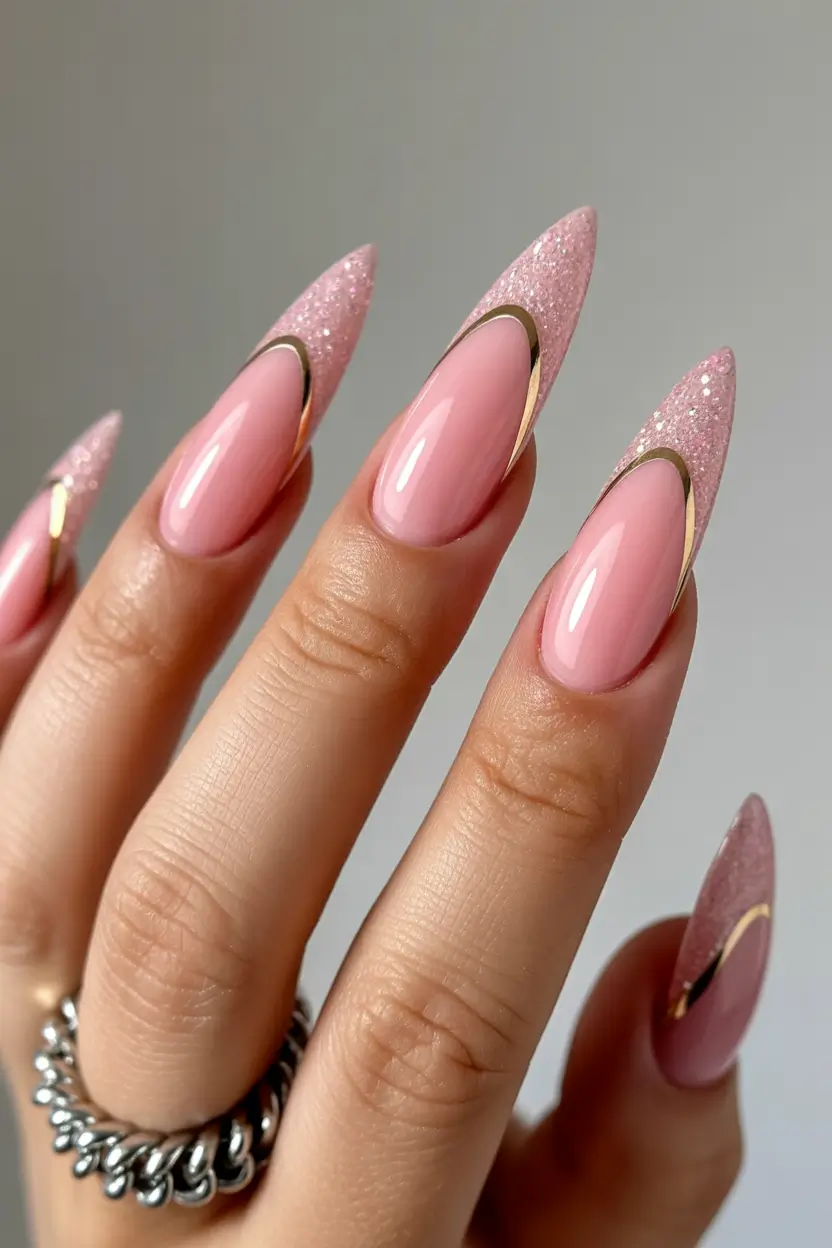 spring nails acrylic Soft Pink Glitter French for Effortless Spring Glam