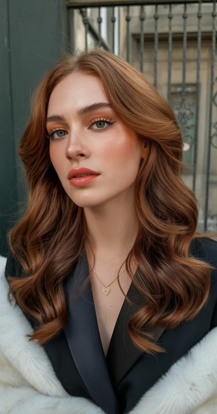spring hair color light skin Soft Chestnut Waves With a Polished Spring Glow