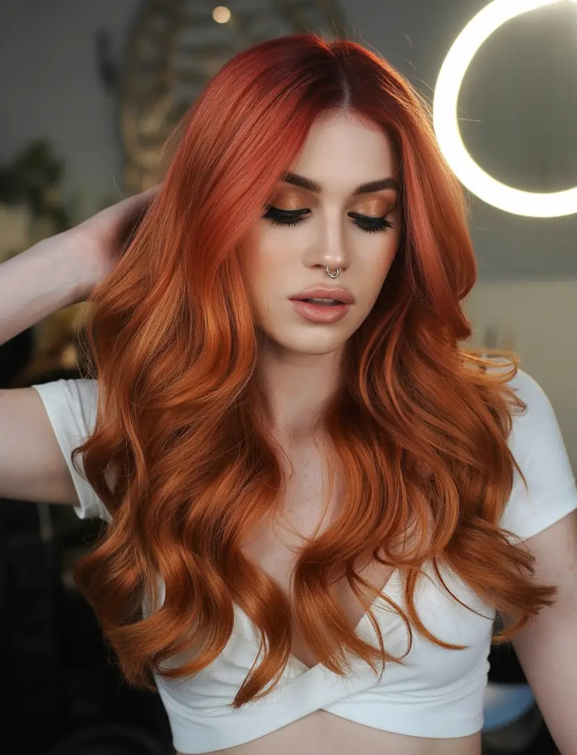 spring hair color light skin Rich Copper Waves With Natural Dimension