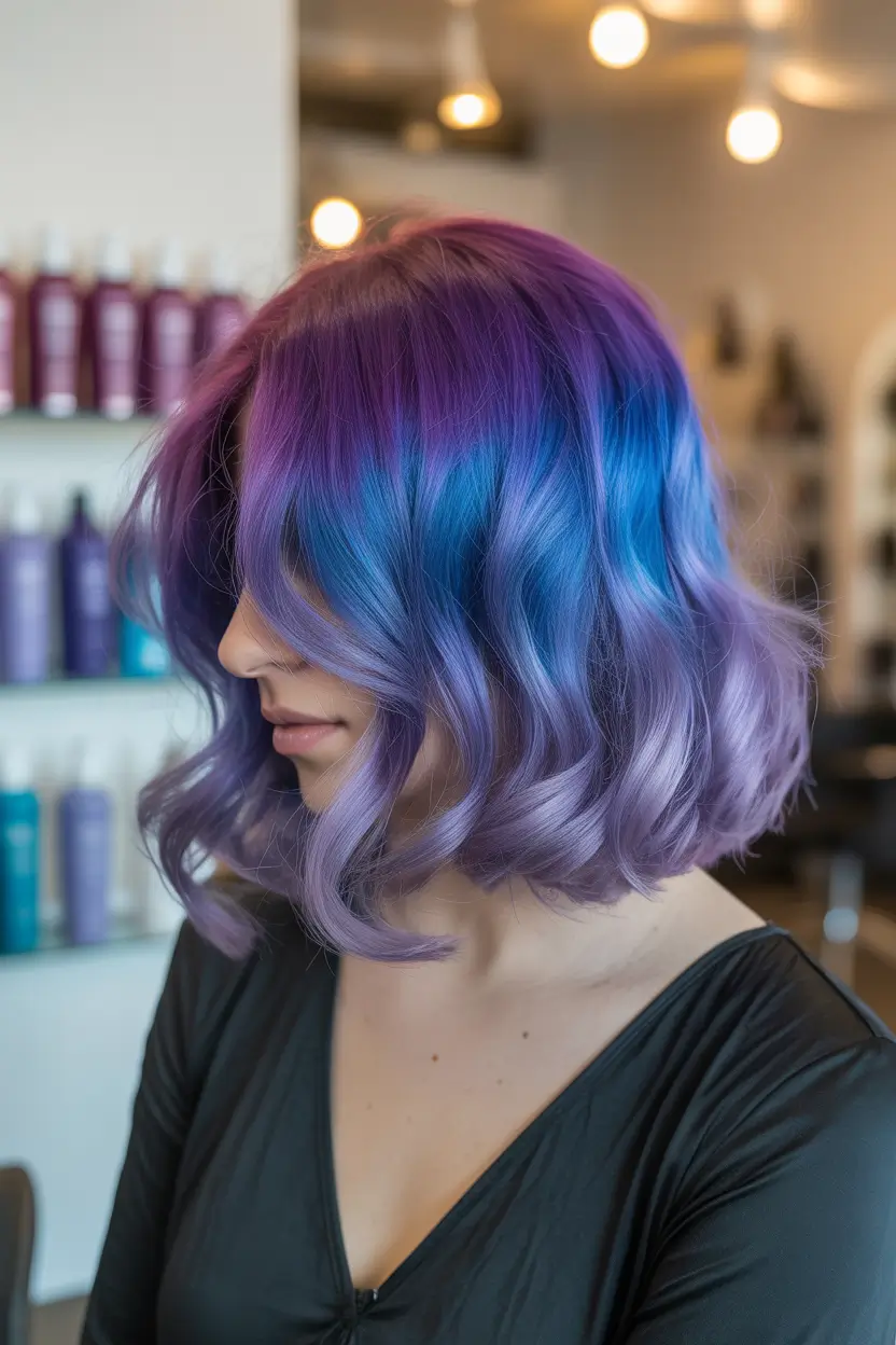 spring hair color light skin Electric Violet Bob With Ocean-Blue Flash Panels
