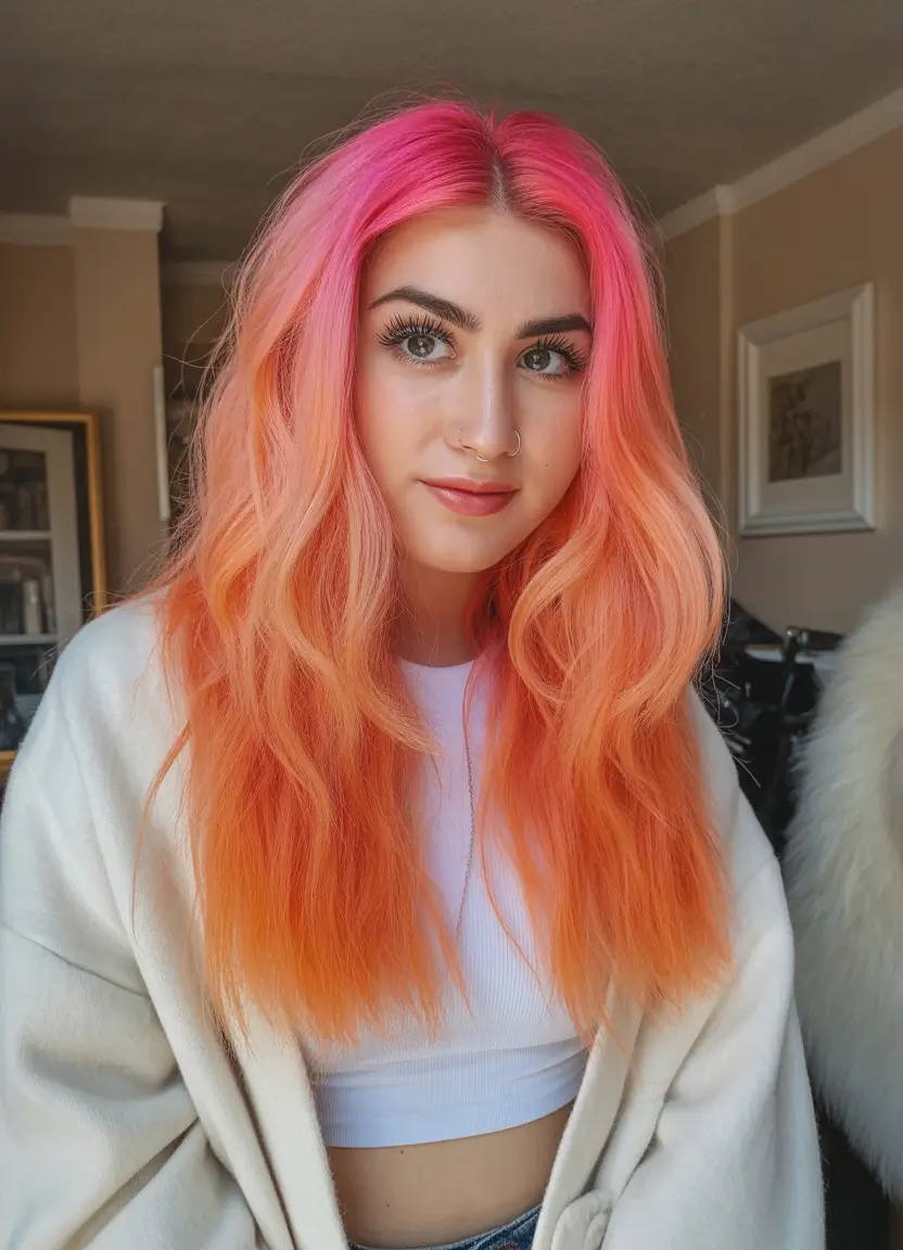 spring hair color light skin Neon Pink To Peach Ombre With Soft Texture