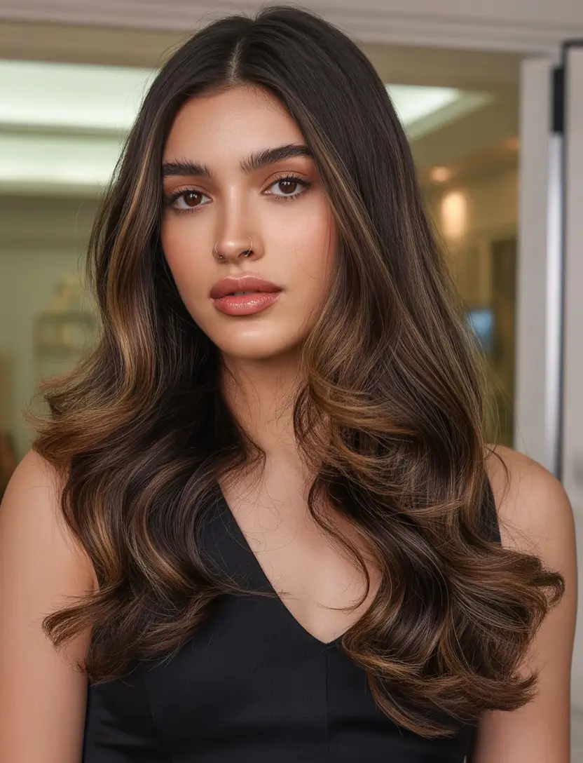 spring hair color light skin Soft Brunette Balayage With Caramel Ribbons