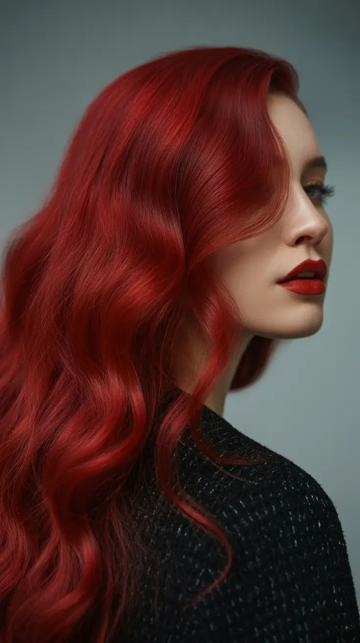 spring hair color light skin Glossy Crimson Red Waves With a Classic Bombshell Finish