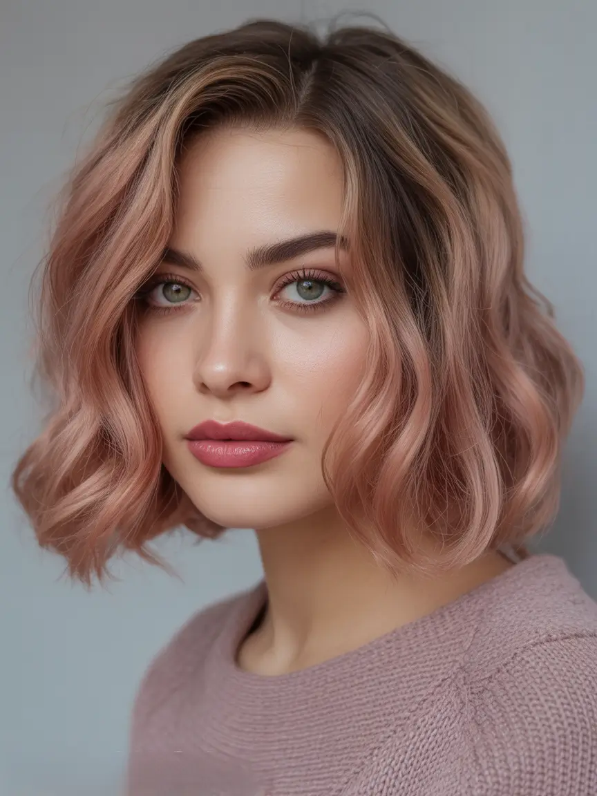spring hair color light skin Soft Rose Gold Bob With Airy Texture