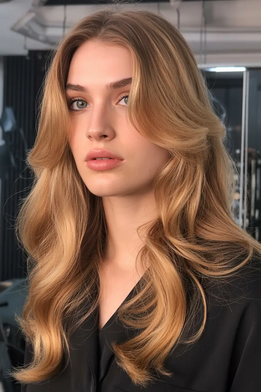 spring hair color light skin Golden Blonde Blowout With Soft Volume