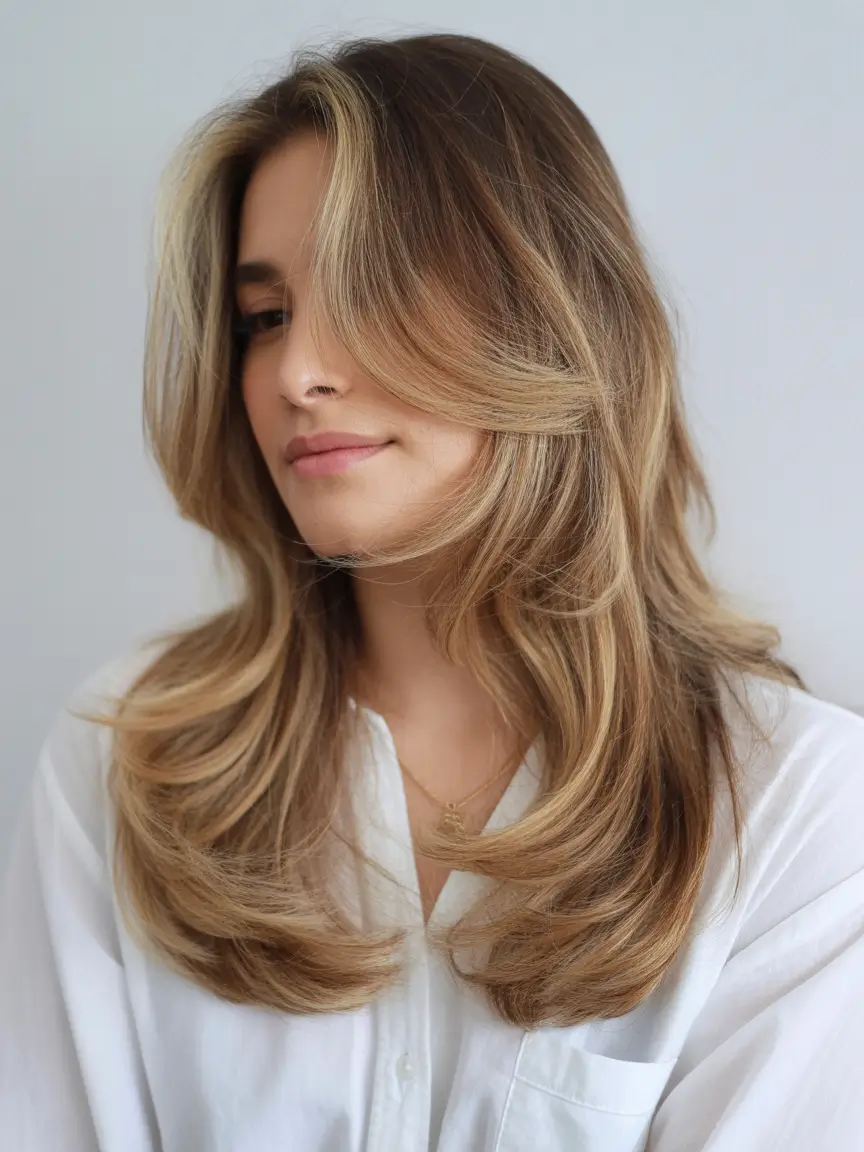 spring hair color light skin Soft Honey Bronde Layers With a Natural Lift