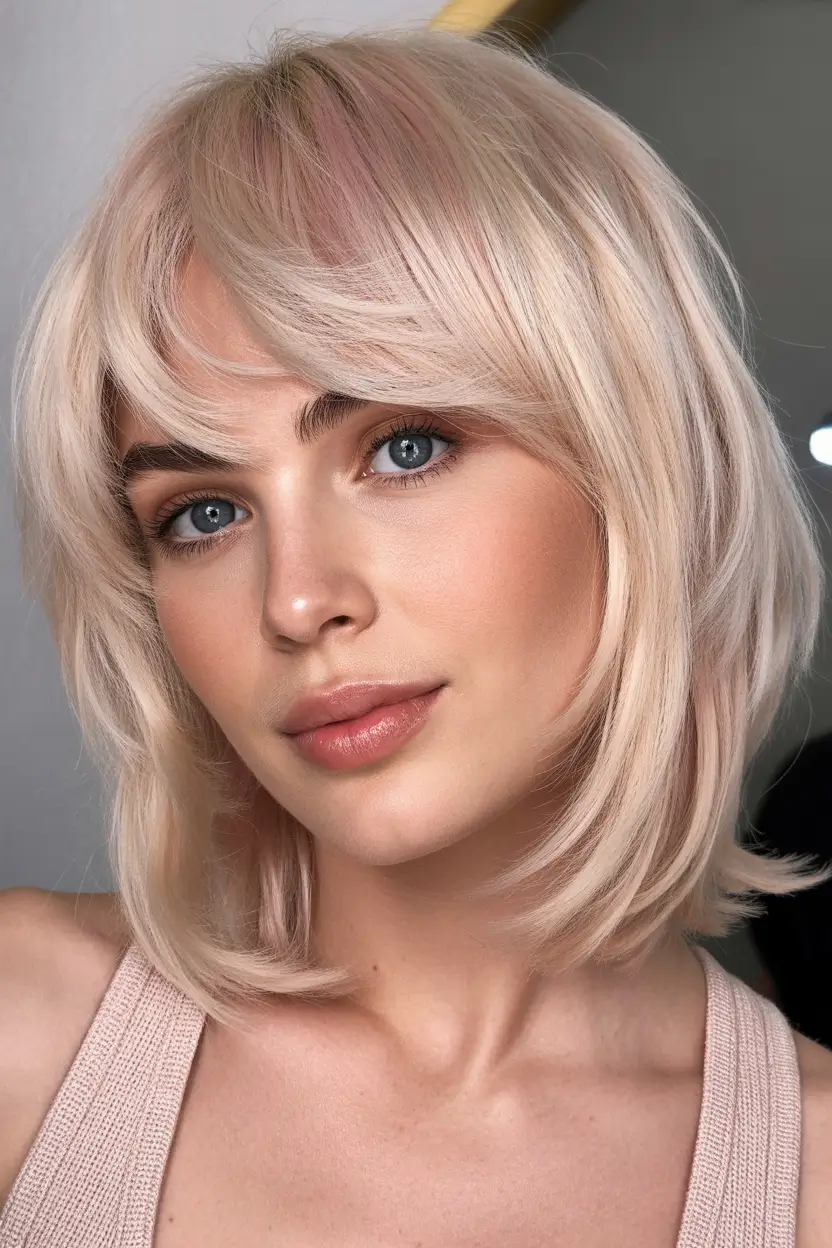 spring hair color light skin Champagne Blonde Bob With Feathered Bangs