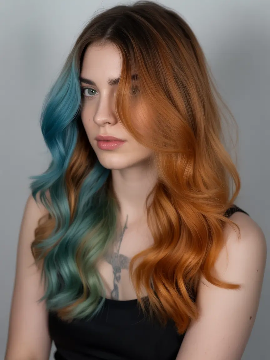 spring hair color light skin Split-Dye Copper And Deep Teal Waves