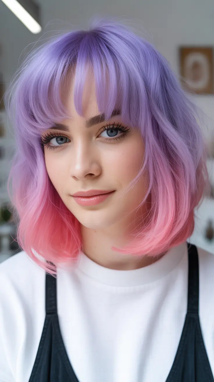 spring hair color light skin Pastel Lavender Bob With Pink Dip Ends