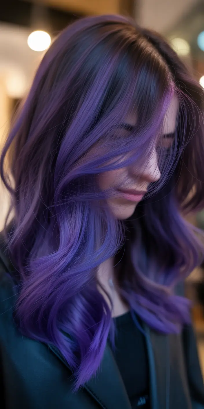 spring hair color light skin Midnight Violet Waves With Electric Purple Shine