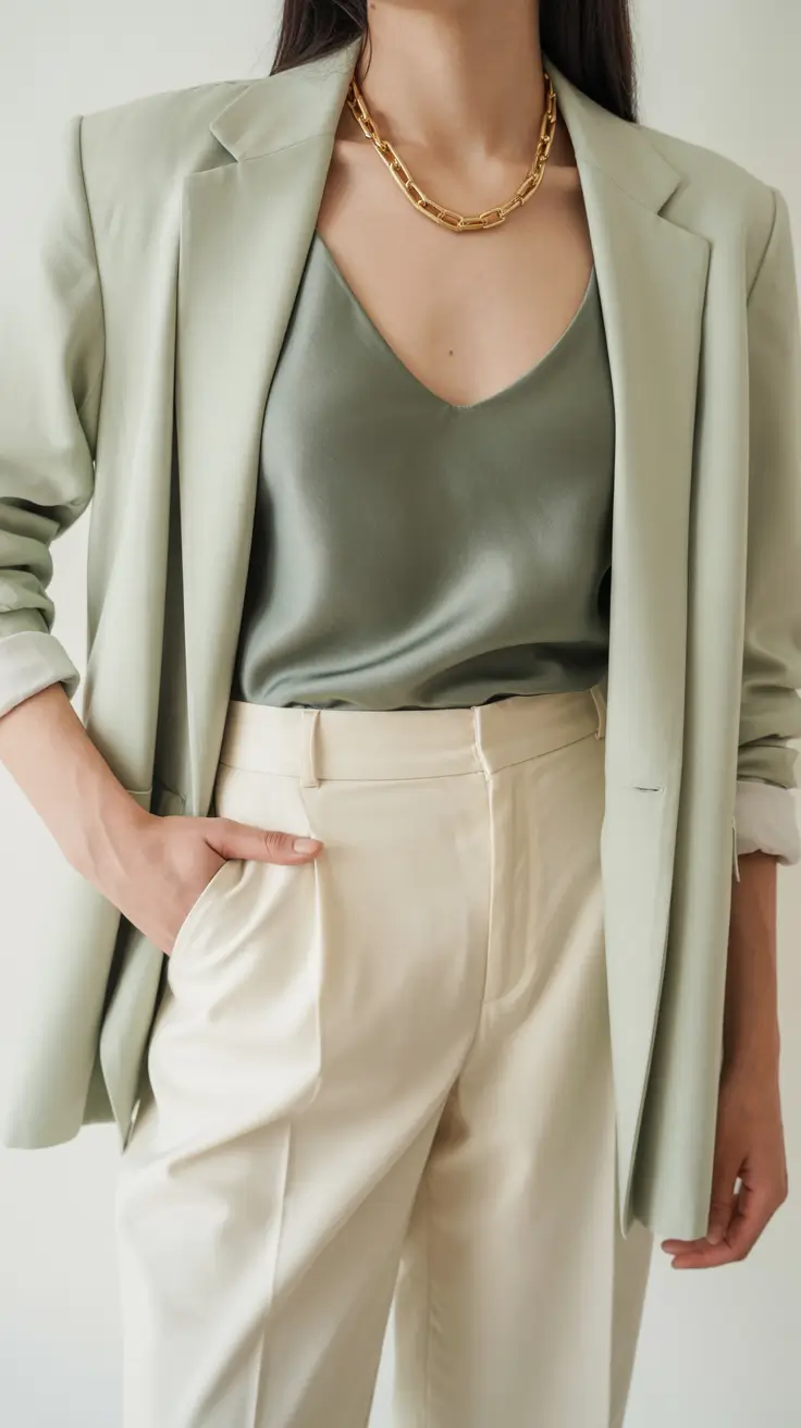 minimalist spring wardrobe Soft Tailoring in Muted Green Tones