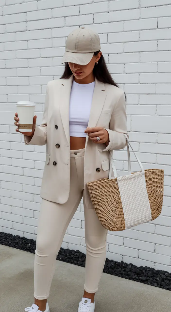 minimalist spring wardrobe Sporty Neutral Suiting for Off-Duty Minimalism