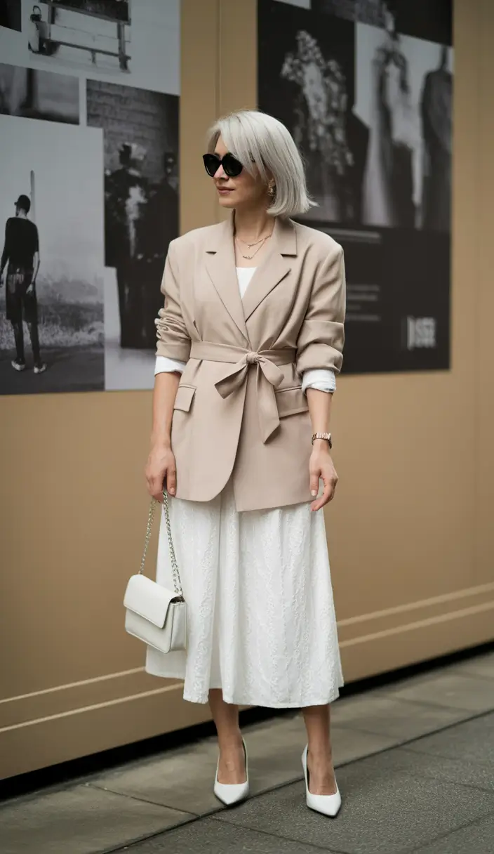 minimalist spring wardrobe Beige Belted Blazer as a Spring Hero Piece