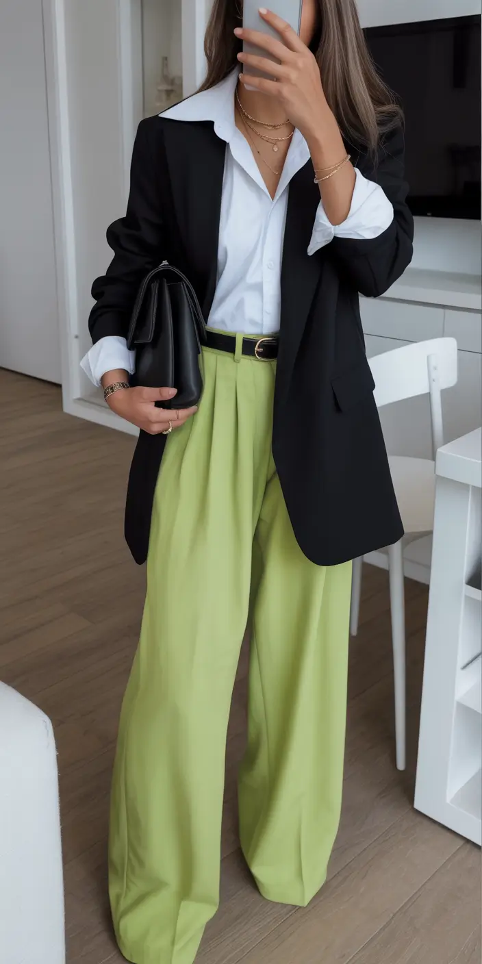minimalist spring wardrobe Black Blazer With a Pop of Bright Spring Green