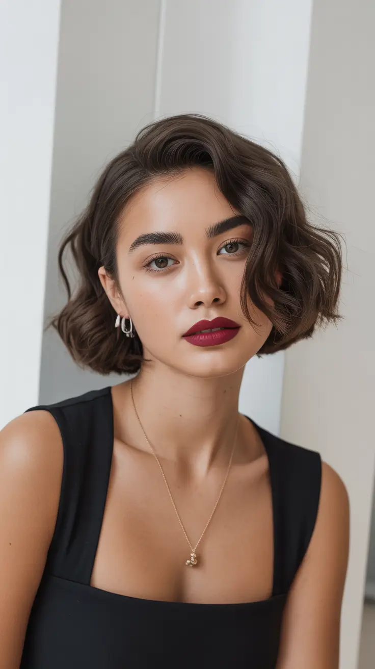 spring hairstyles Soft Brunette Wavy Bob with Timeless Elegance