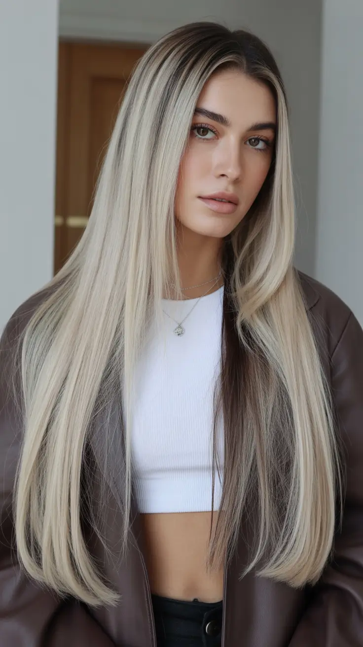 spring hairstyles Ultra Sleek Long Layers with Soft Blonde Contrast
