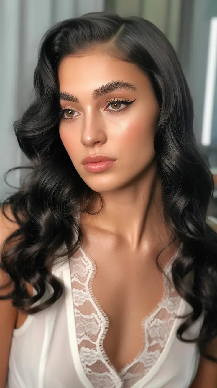 spring hairstyles Hollywood Side-Swept Waves with Glossy Finish