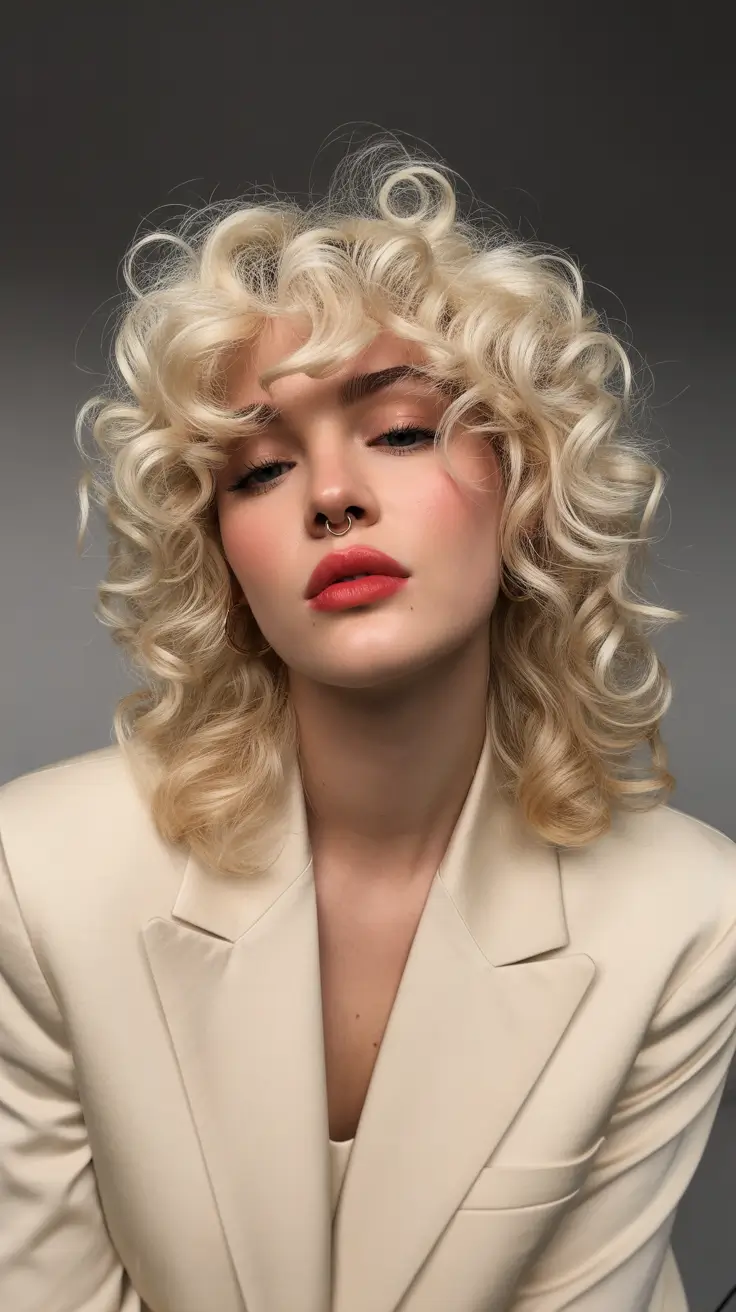 spring hairstyles Playful Platinum Curly Shag with Soft Bangs