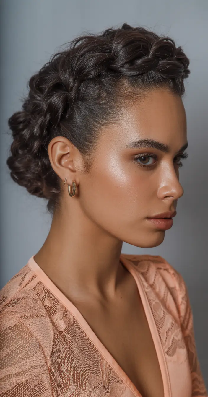 spring hairstyles Elegant Crown Braided Updo with Soft Texture