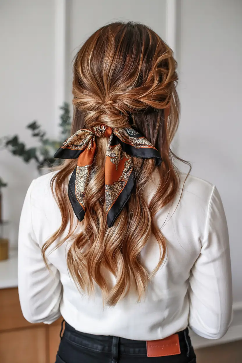 spring hairstyles Soft Twisted Half-Up Style with Silk Scarf Detail