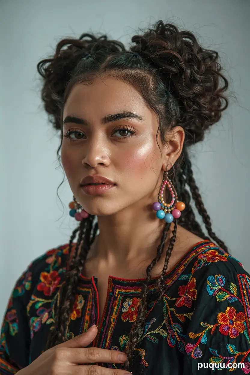 spring hairstyles Playful Double Curly Buns with Braided Accents