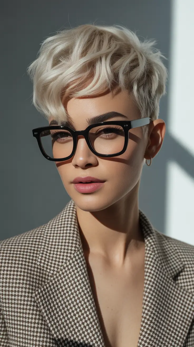 spring hairstyles Chic Platinum Pixie with Soft Bangs