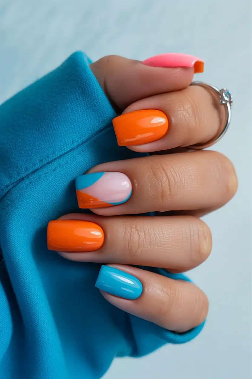spring nail colors Orange and Turquoise Color Block with Soft Curves