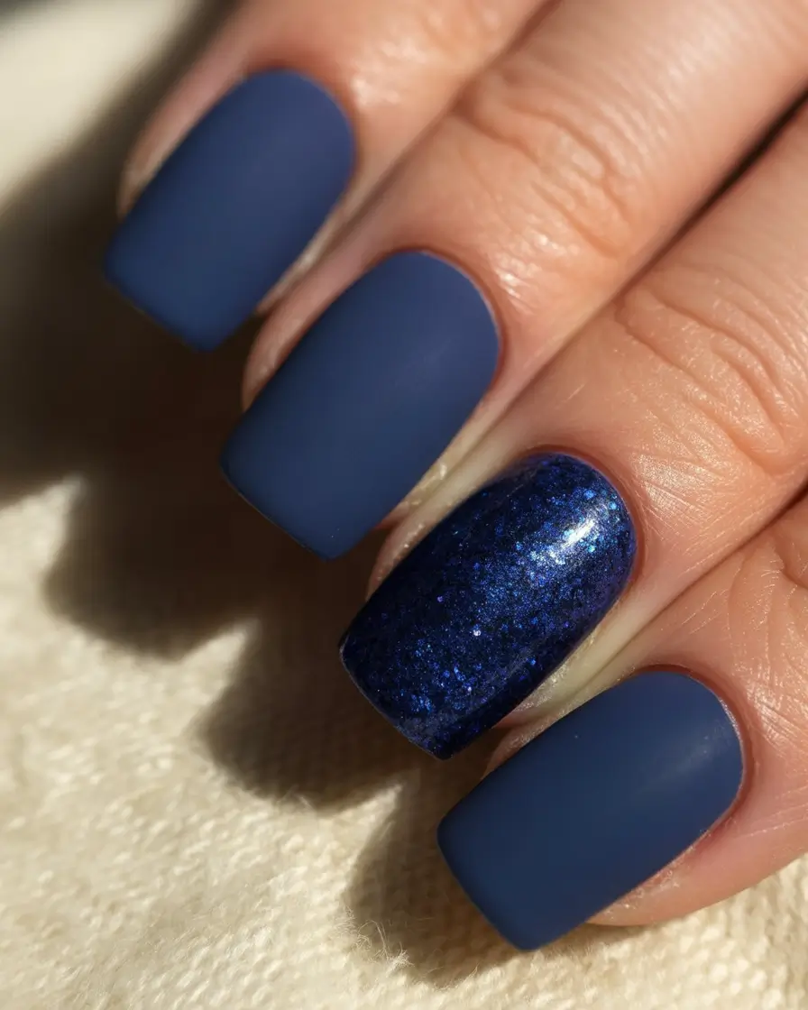 spring nail colors Matte Navy with Midnight Sparkle Accent