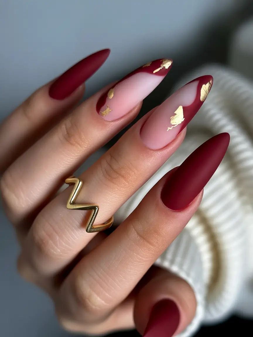 spring nail colors Burgundy Almond Tips with Gold Foil Highlights