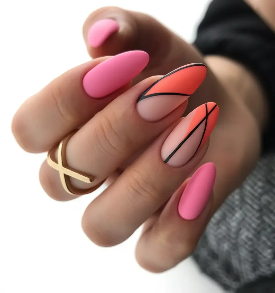 spring nail colors Hot Pink Matte Almond with Coral Graphic Lines