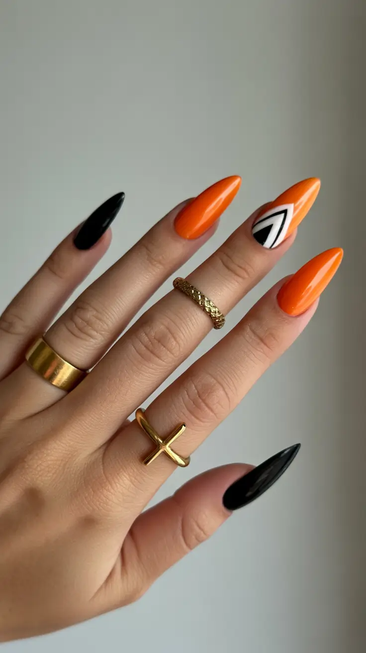 spring nail colors Glossy Orange and Black Graphic Stiletto