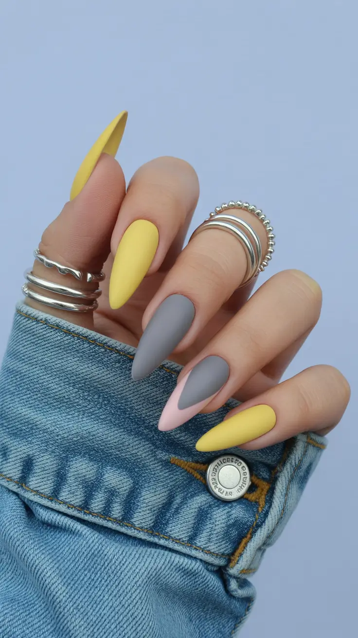 spring nail colors Pastel Yellow and Cool Grey Contrast