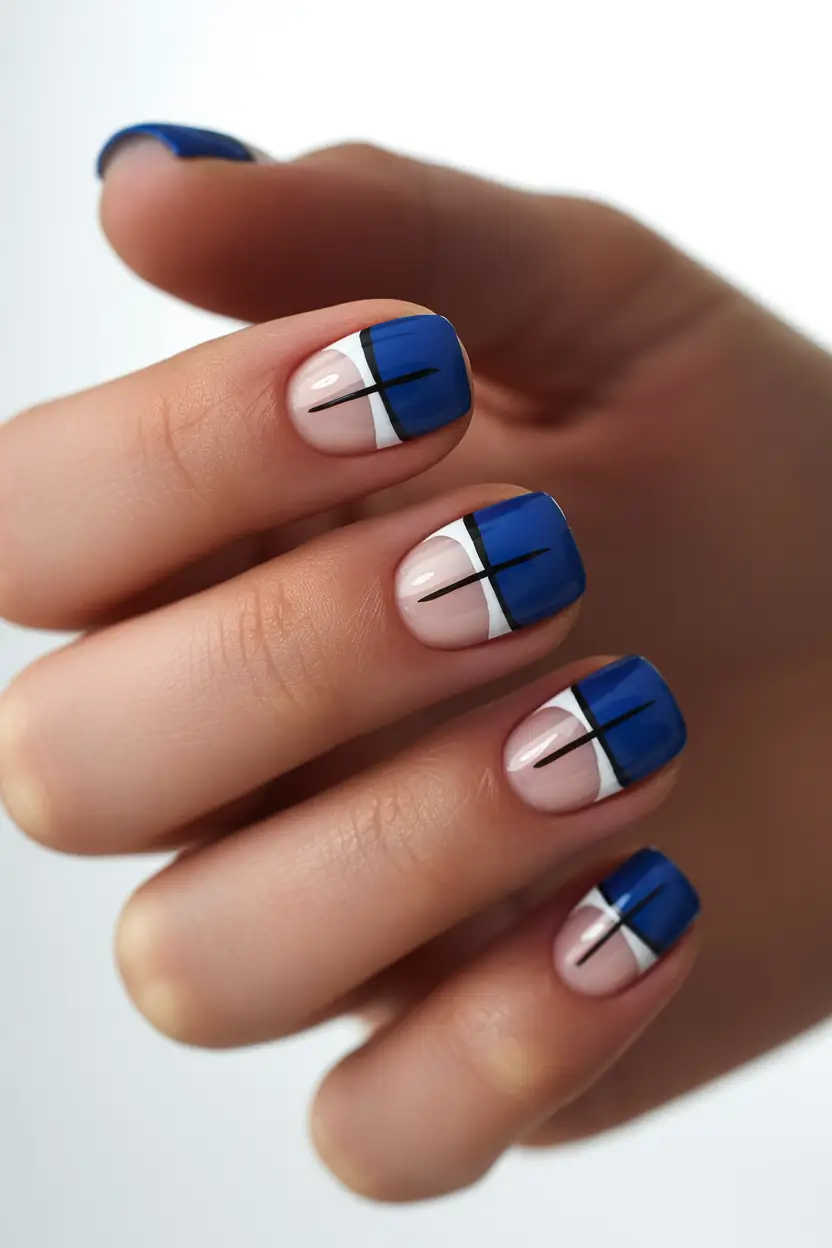 spring nail colors Modern Blue Block French with Graphic Lines