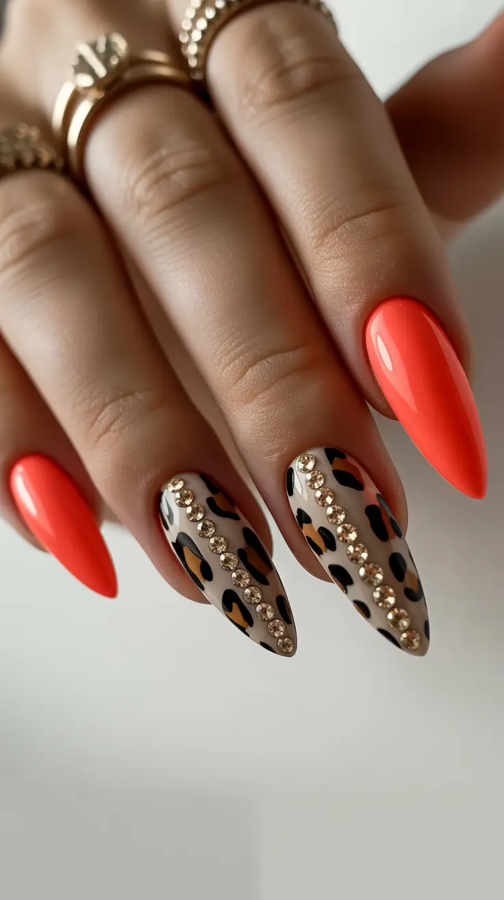 spring nail colors Coral Red and Leopard Luxe with Crystal Lines