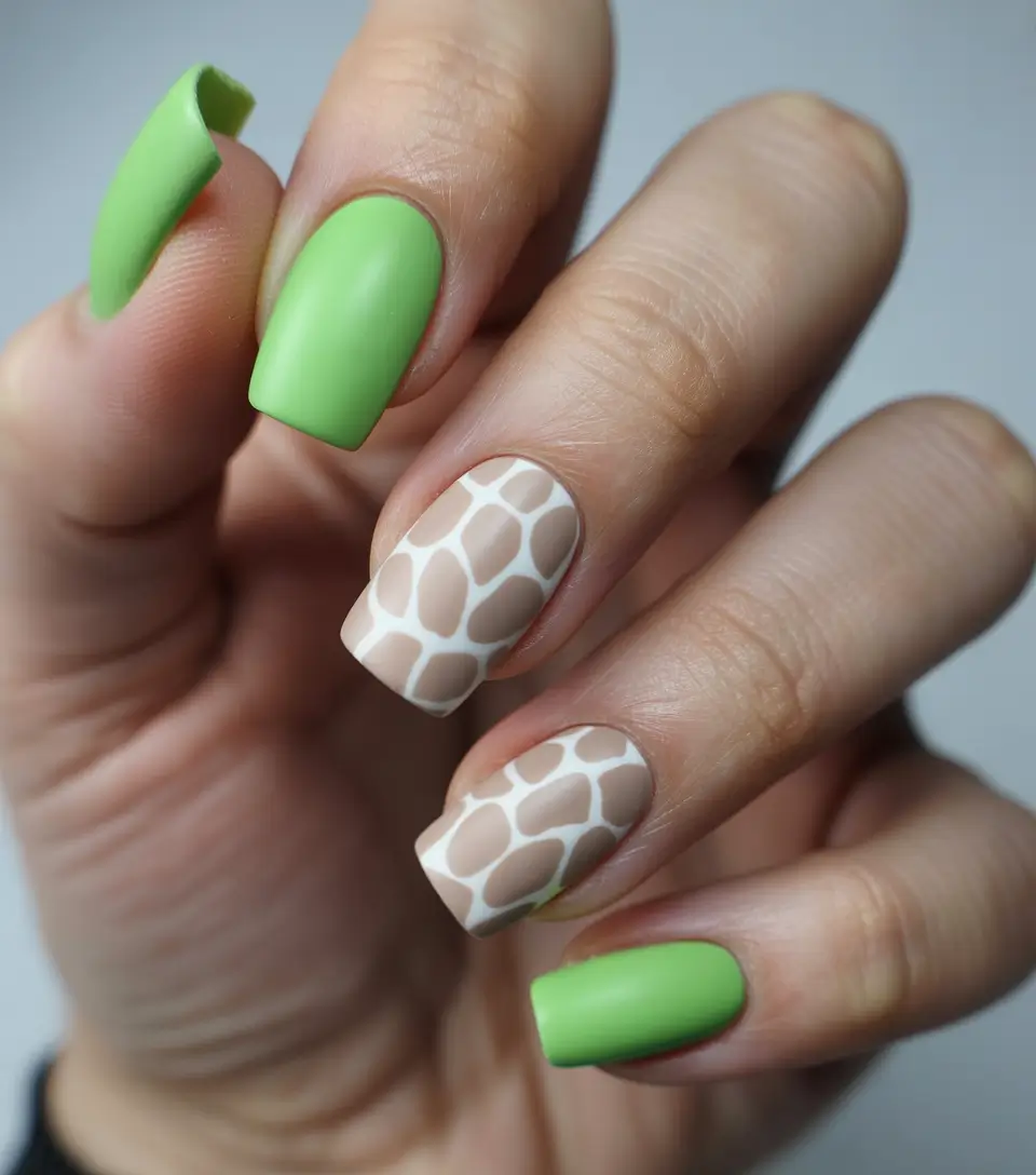 spring nail colors Soft Lime and Minimal Giraffe Accent