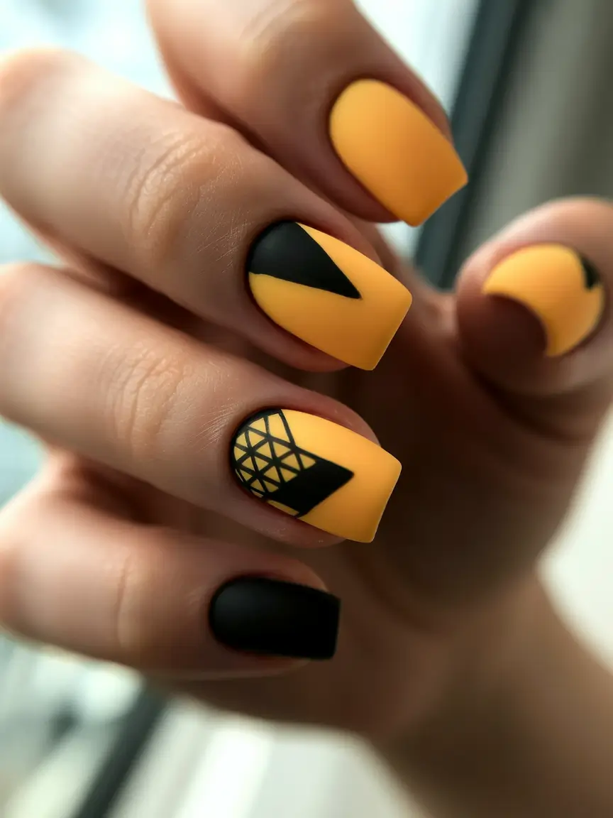 spring nail colors Matte Marigold with Black Geometric Edge