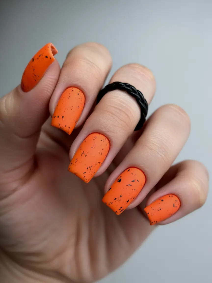spring nail colors Matte Tangerine with Ink-Splatter Texture