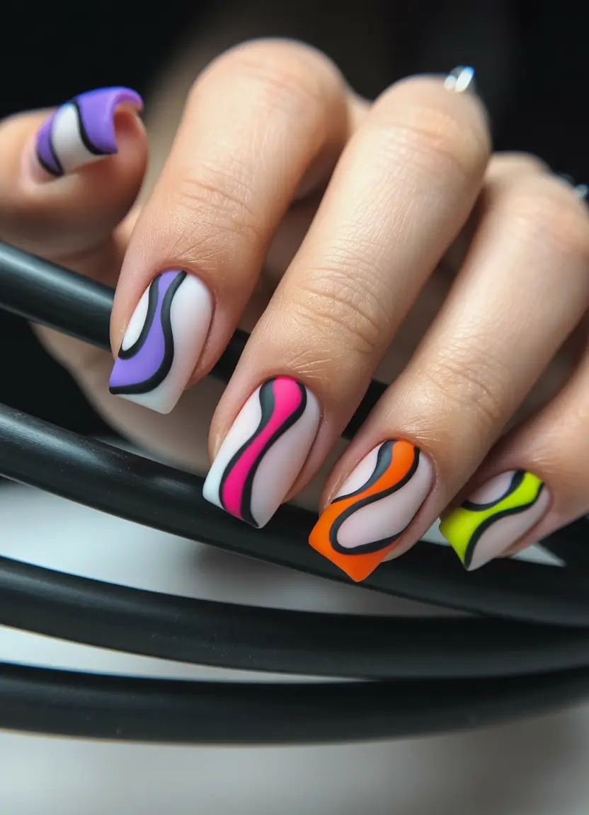 spring nail colors Swirled Neon Lines on Milky Base