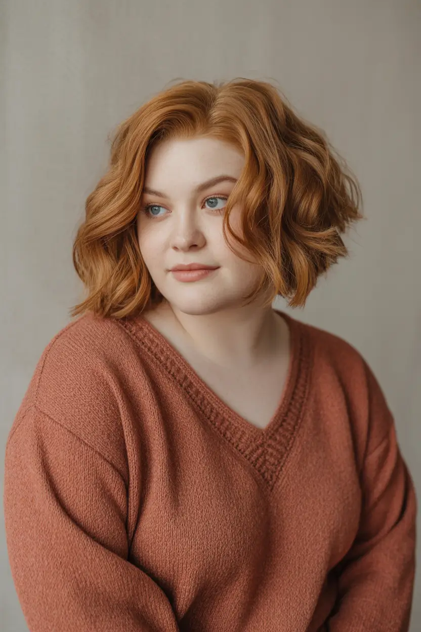 Spring Haircuts for Plus Size Women Textured Copper Wavy Lob With Playful Warmth