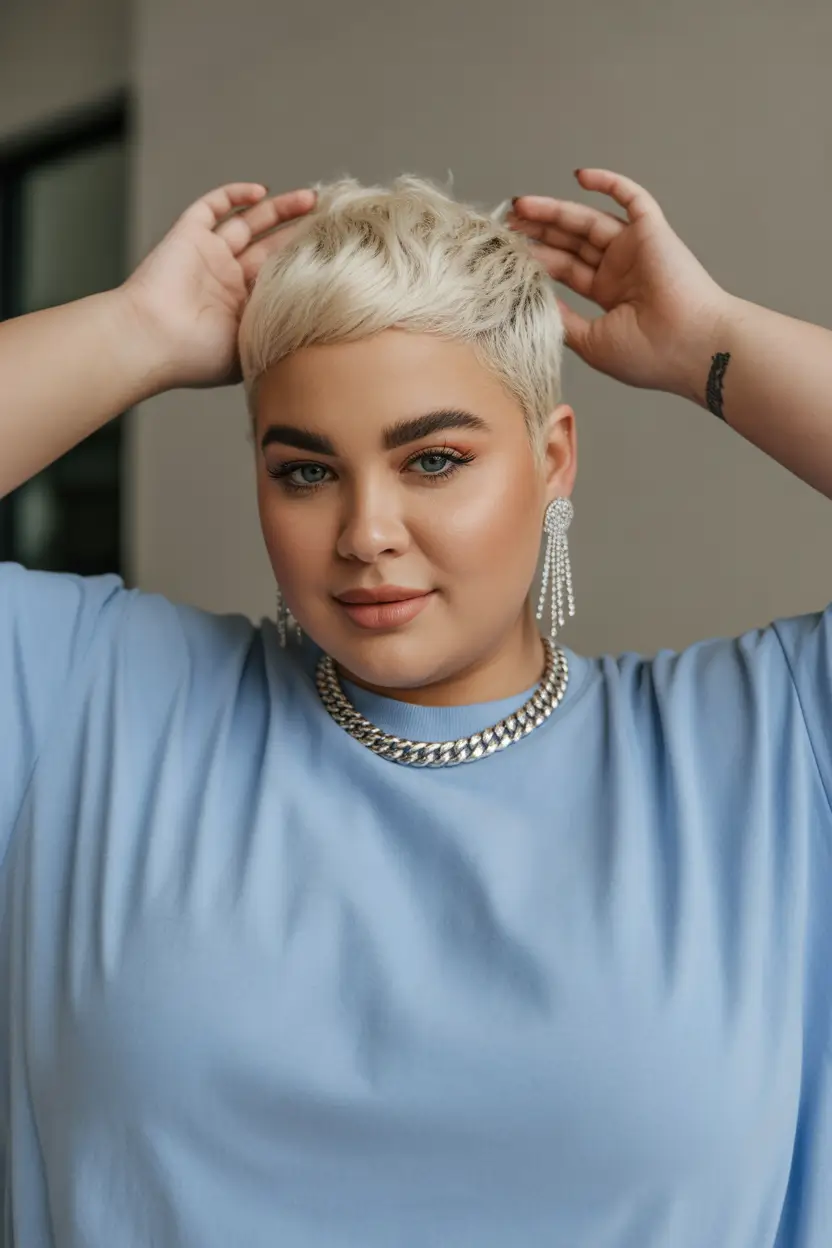 Spring Haircuts for Plus Size Women Platinum Long Pixie That Brightens the Face