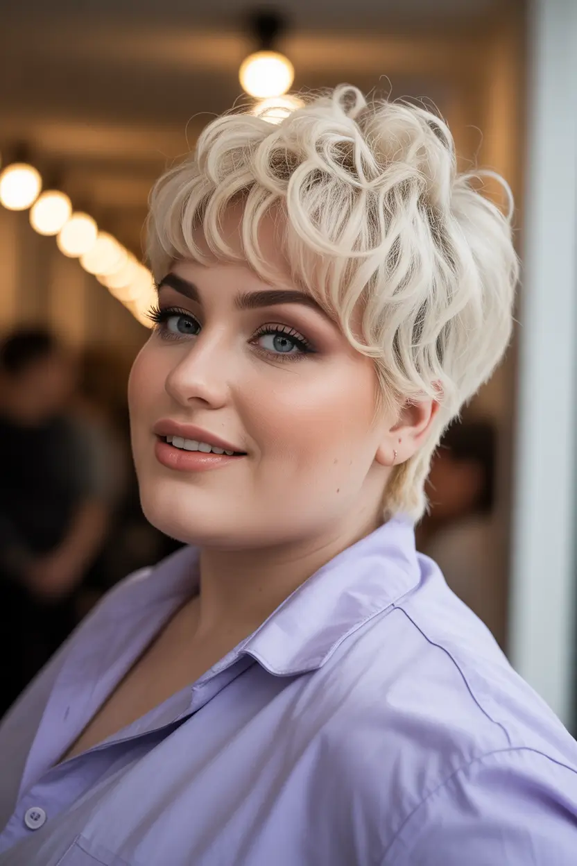 Spring Haircuts for Plus Size Women Modern Platinum Shaggy Pixie With Soft Drama