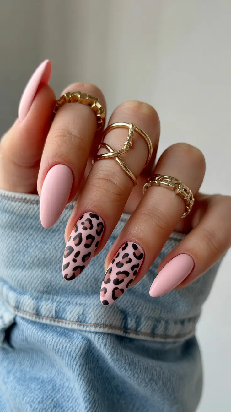spring almond nails Soft Pink Almond Nails With Playful Leopard Accent